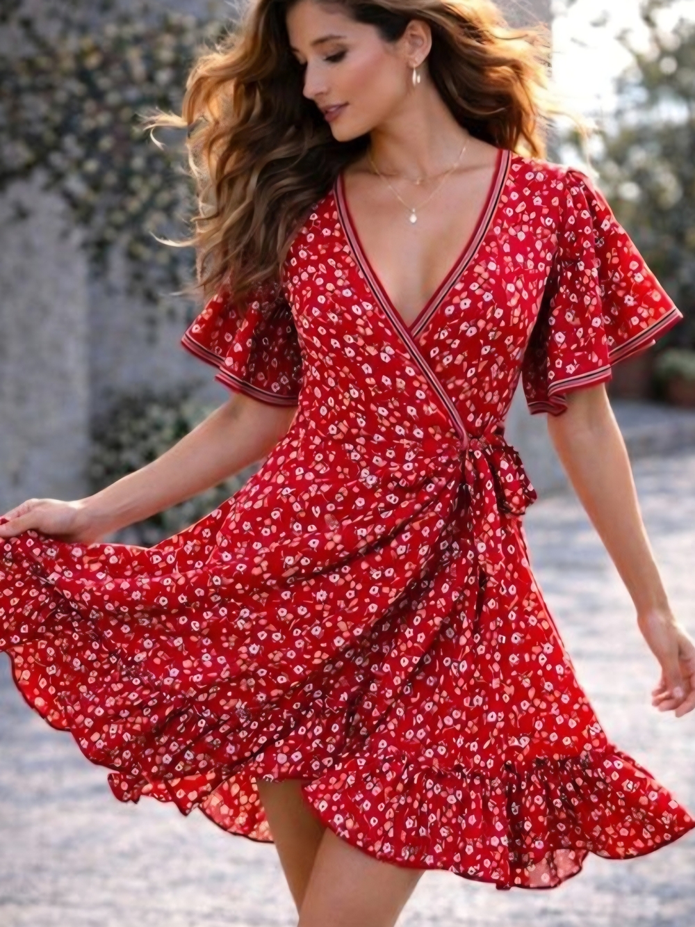 Max Studio Red Floral Wrap Dress with Ruffled Hem
